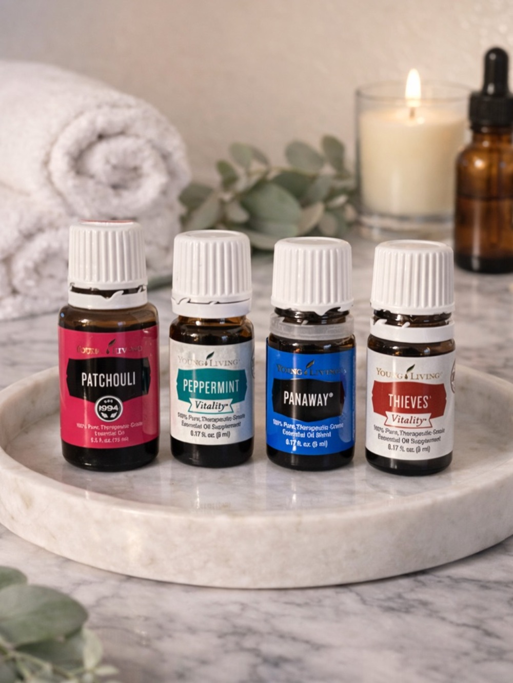 Young Living Essential Oils Bundle Patchouli Peppermint Thieves PanAway Set - Picture 1 of 4